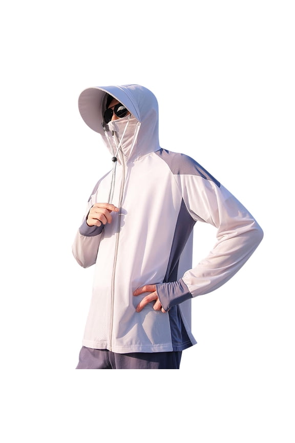 Mens Fishing Jacket UPF 50+ Sun Protection Breathable Hooded Coat Ice Silk Hiking Outdoor Jackets for Men with Face Mask