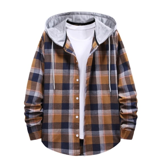 Xzbqbs Mens Flannel Hooded Jacket Casual Button Down Plaid Shacket Long Sleeve Fashion Lightweight Classic Fit Jackets for Men