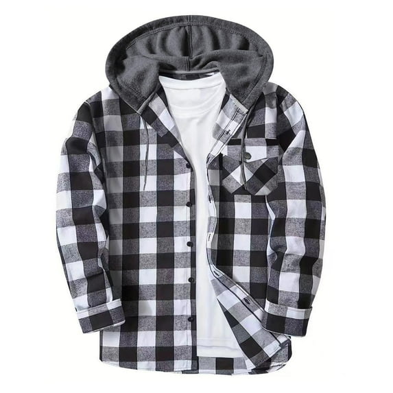 Xzbqbs Mens Flannel Hooded Jacket Casual Button Down Plaid Shacket Long Sleeve Fashion Lightweight Classic Fit Sport Jackets