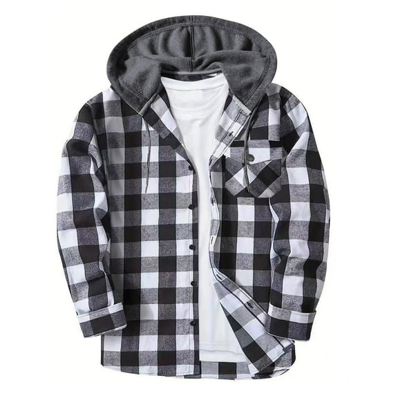 Xzbqbs Mens Flannel Hooded Jacket Casual Button Down Plaid Shacket Long Sleeve Fashion Lightweight Classic Fit Sport Jackets