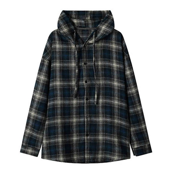 Xzbqbs Mens Flannel Plaid Shirt Long Sleeve Casual Lightweight Shirt Classic Button Down Hooded Shirts Vintage Drawstring Shirts