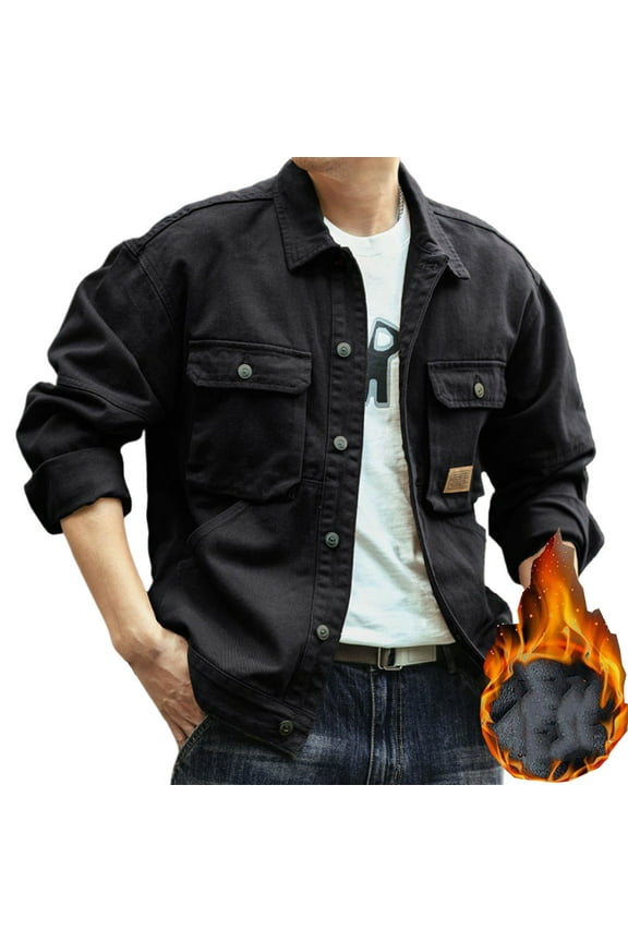 Mens Fleece Lined Denim Jacket Cotton Snap Cowboy Cut Western Classic Slim Fit Vintage Heavy Duty Jacket Trucker Lapel Coat