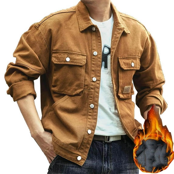 Xzbqbs Mens Fleece Lined Denim Jacket Cotton Snap Cowboy Cut Western Classic Slim Fit Vintage Heavy Duty Jacket Trucker Lapel Coat