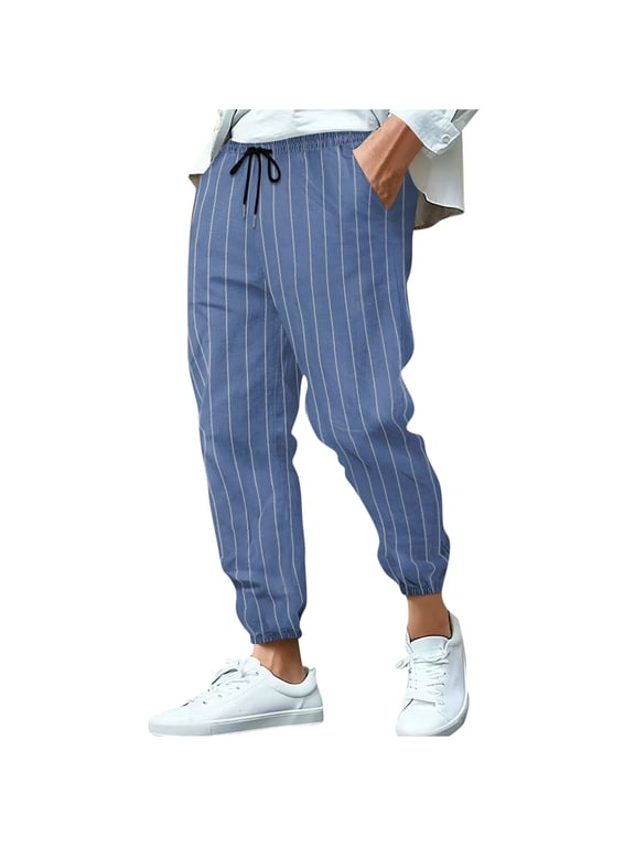 Mens Harem Pants Casual Elastic Waist Drawstring Striped Tapered Trousers Fashion Lightweight Classic Fit Beach Yoga Pants