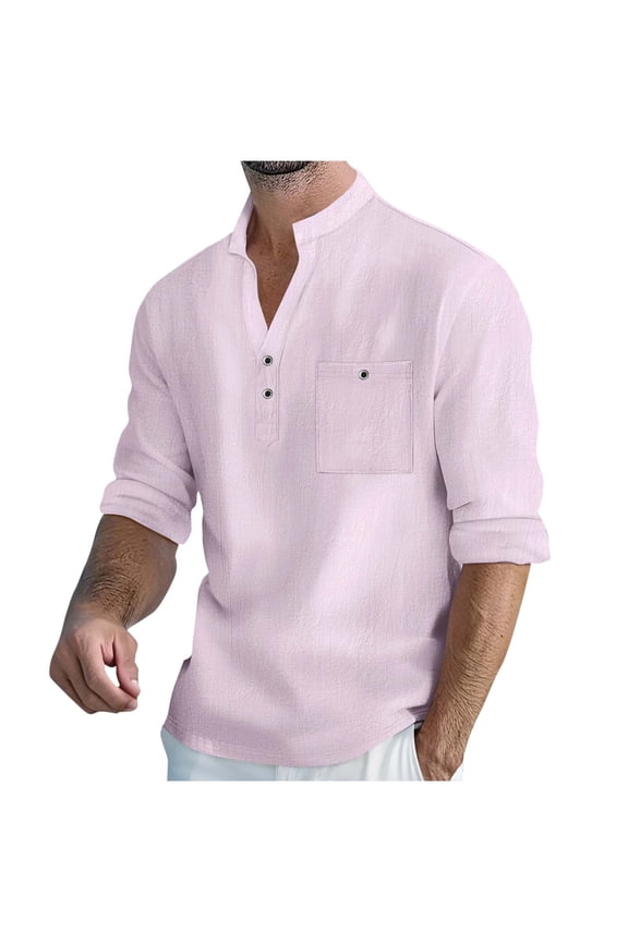 Mens Henley Shirts Casual Long Sleeve Solid Color Button Down Pullover Tops Lightweight Slim V Neck Shirts with Pocket