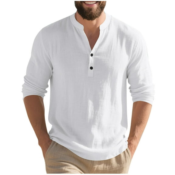 Xzbqbs Mens Henly Long Sleeve Shirts Cotton Linen Slim Fit Button Casual Pullover Tops Fashion Lightweight V Neck Solid Shirts