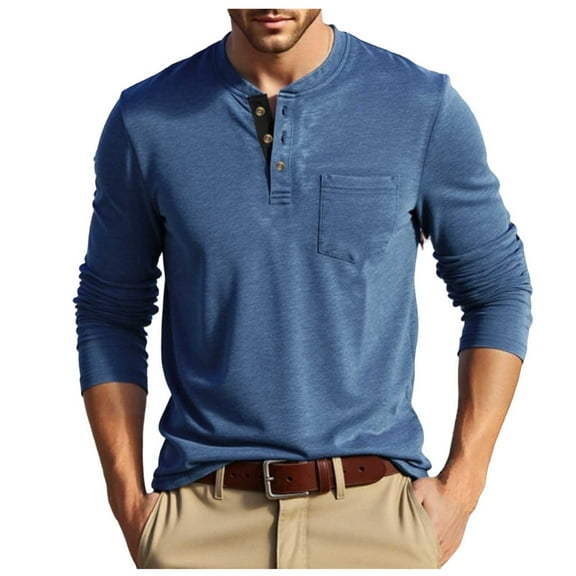 Xzbqbs Mens Henly Long Sleeve Shirts Slim Fit Button Down Casual Pullover Fashion Lightweight Crew Neck Solid Shirts with Pocket