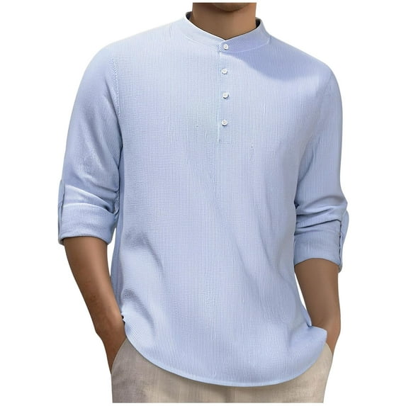 Xzbqbs Mens Henly Long Sleeve Shirts Slim Fit Button Down Casual Pullover Tops Fashion Lightweight Crew Neck Striped Shirts for Men