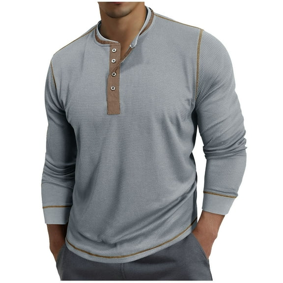 Xzbqbs Mens Henly Long Sleeve Shirts Waffle Button Down Casual Pullover Tops Fashion Lightweight Crew Neck Color Block Shirts