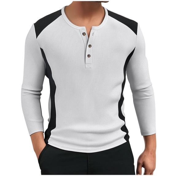 Xzbqbs Mens Henly Long Sleeve Shirts Waffle Slim Fit Button Down Casual Pullover Fashion Lightweight Crew Neck Color Block Shirts