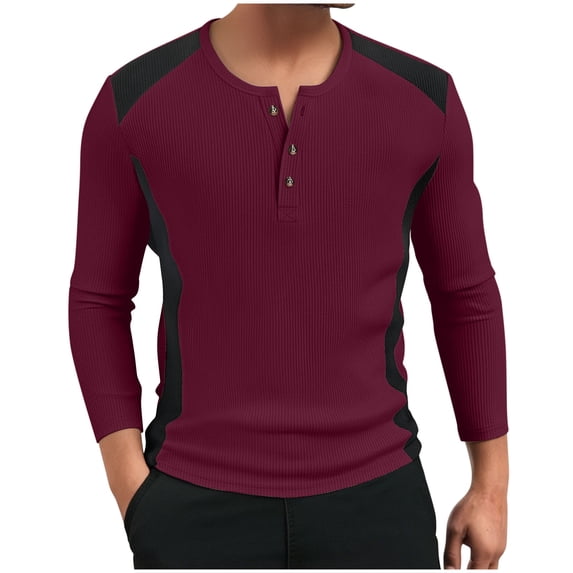 Xzbqbs Mens Henly Long Sleeve Shirts Waffle Slim Fit Button Down Casual Pullover Fashion Lightweight Crew Neck Color Block Shirts