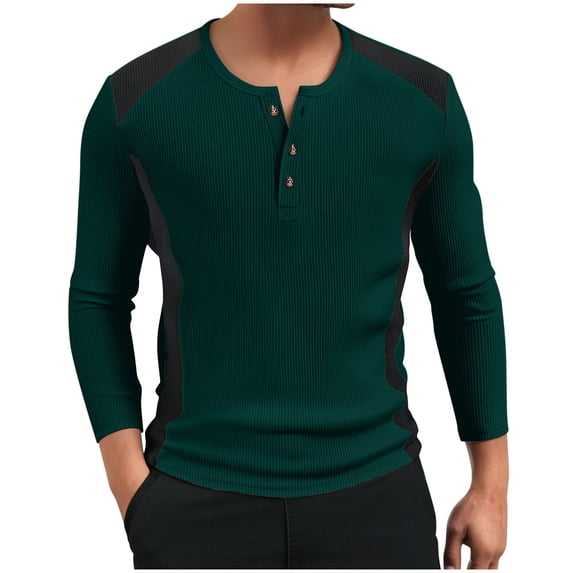 Xzbqbs Mens Henly Long Sleeve Shirts Waffle Slim Fit Button Down Casual Pullover Fashion Lightweight Crew Neck Color Block Shirts