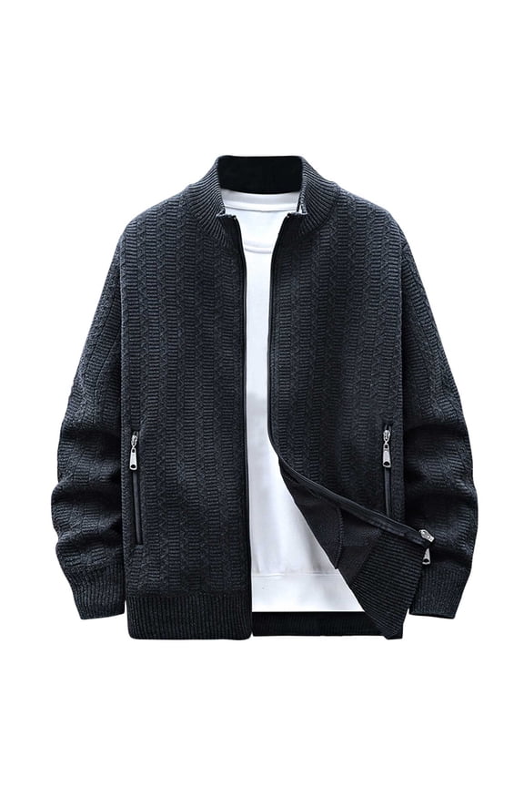 Mens Knitted Jackets Full Zip Up Fleece Warm Sweater Coat Fashion Lightweight Stand Collar Sweater Jacket with Zipper Pocket