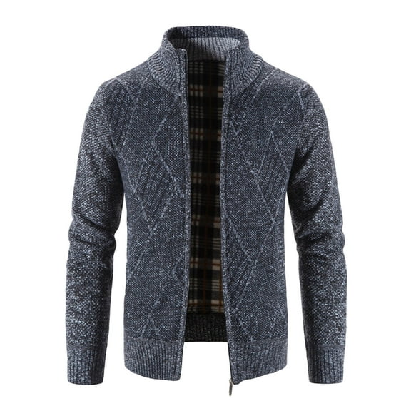 Xzbqbs Mens Knitted Jacquard Jackets Full-Zip Warm Slim Fit Sweater Coat Fashion Lightweight Solid Stand Collar Sweater Jackets