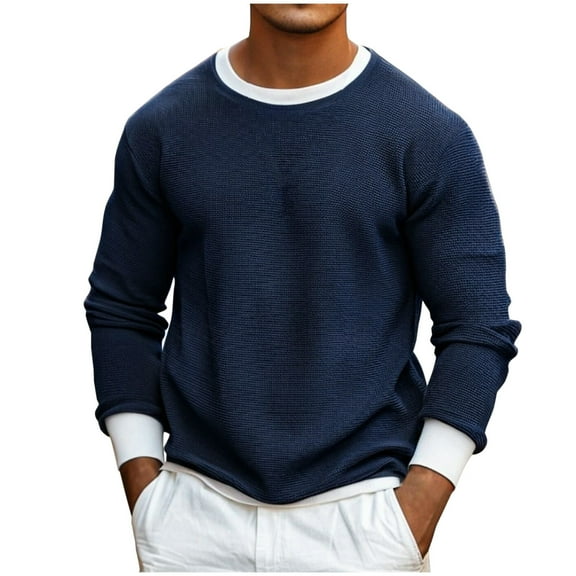 Xzbqbs Mens Knitted Waffle Shirts Long Sleeve Casual Crew Neck Ribbing Edge Pullover Fashion Classic Lightweight Color Block Shirts