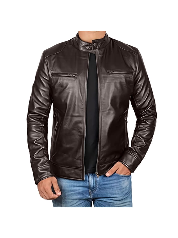 Mens Leather Jacket Casual Biker Motorcycle PU Stand Collar Coat Fashion Slim Fit Motorcyle Lightweight Jackets for Men
