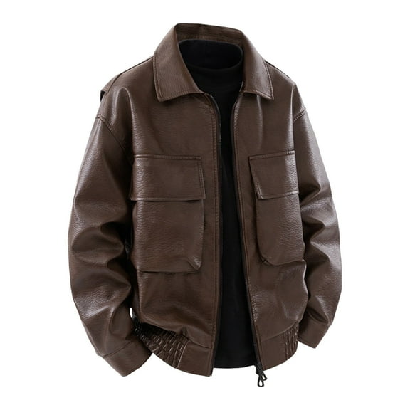 Xzbqbs Mens Leather Jacket Zip-Up Motorcycle Bomber Jackets Classic Matte Leather Work Coat Ligthweigt Vintage Lapel Jackets