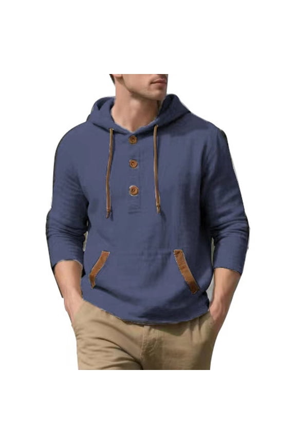 Mens Linen Henley Hoodies Long Sleeve Button Down Sweatshirts Drawstring Casual Beach Pullover Hoodie Sweatshirts with Pocket