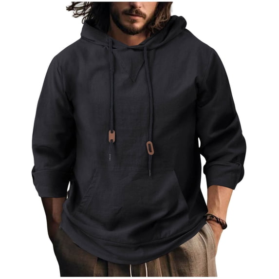 Xzbqbs Mens Linen Hoodies Casual Long Sleeve Drawstring Hoodie Pullover Lightweight Fashion Classic Fit Sweatshirts with Pocket