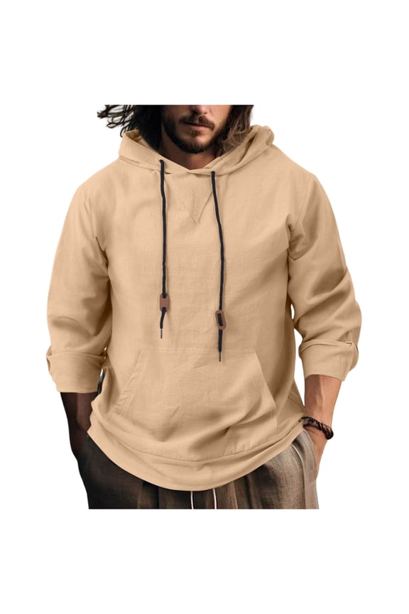 Mens Linen Hoodies Casual Long Sleeve Drawstring Hoodie Pullover Lightweight Fashion Classic Fit Sweatshirts with Pocket