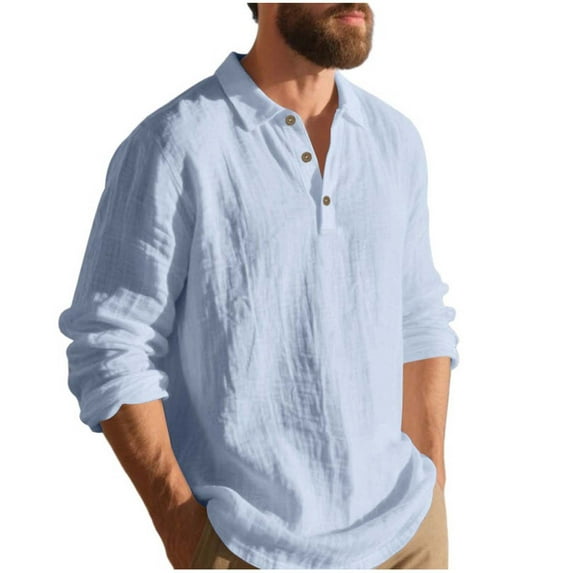 Xzbqbs Mens Linen Polo Shirts Casual Long Sleeve Button Shirts Lightweight Pullover Tops Classic Golf Shirts Dress Shirts for Men