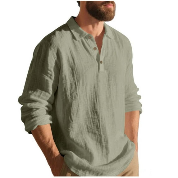 Xzbqbs Mens Linen Polo Shirts Casual Long Sleeve Button Shirts Lightweight Pullover Tops Classic Golf Shirts Dress Shirts for Men
