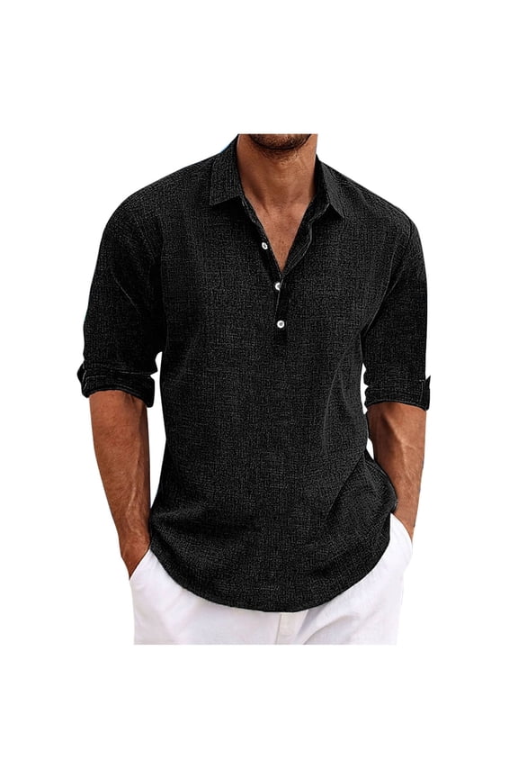 Mens Linen Shirts Casual Long Sleeve Cotton Collared Henley T-Shirt V Neck Lightweight Pullover Summer Beach Yoga Shirts