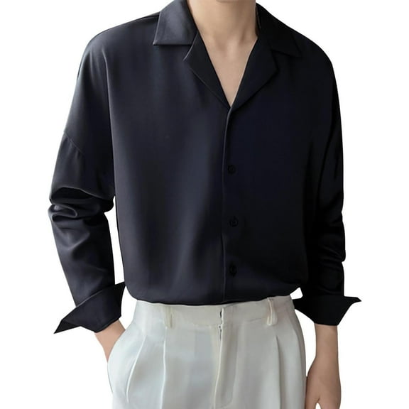 Xzbqbs Mens Linen long Sleeve Ice Silk Shirt Shawl Lapel Solid Button Down Tops Fashion Lightweight Classic Fit V Neck Shirts