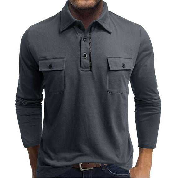 Xzbqbs Mens Long Sleeve Polo Shirts Casual Classic Basic Button Down Pullover Tops Vintage Lightweight Lapel Tops with Pockets