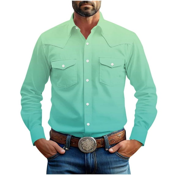 Xzbqbs Mens Polo Shirts Gradient Fashion Long Sleeve Classic Fit Shirts Casual Button Up Lightweight Vintage Shirts for Men