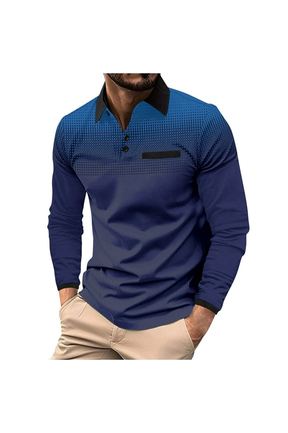 Mens Polo Shirts Long Sleeve Polka Dot Gradient Lapel Button Shirts Casual Lightweight Pullover Golf Shirts for Men