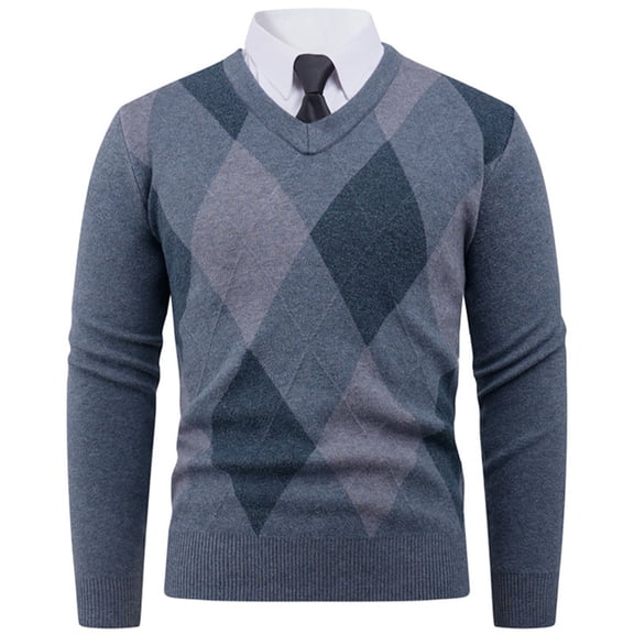 Xzbqbs Mens Sweaters Casual V Neck Ribbed Knit Slim Fit Long Sleeve Argyle Pullover Lightweight Slim Fit Fall Fashion Clothes