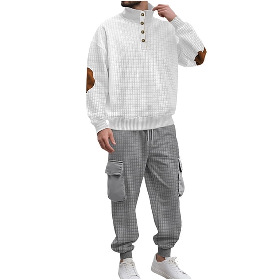 Xzbqbs Mens Tactical Suits 2 Piece Waffle Workwear Suits for Men Quarter Button Mock Neck Sweatshirts and Cargo Cuffed Pants
