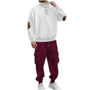Xzbqbs Mens Tactical Suits 2 Piece Waffle Workwear Suits for Men Quarter Button Mock Neck Sweatshirts and Cargo Cuffed Pants