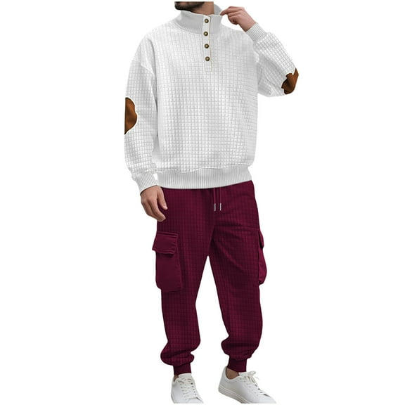 Xzbqbs Mens Tactical Suits 2 Piece Waffle Workwear Suits for Men Quarter Button Mock Neck Sweatshirts and Cargo Cuffed Pants