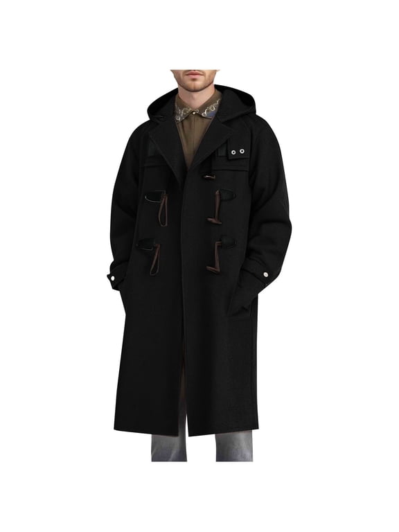 Mens Trench Coat Single Breasted Walking Toggle Duffle Long Jacket Topcoat with Hood Windbreaker Warm Fall Winter Jackets
