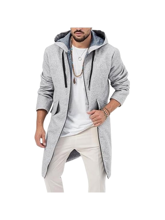 Mens Trench Coat Zip-Up Oversized Overcoat with Hood Casual Lightweight Long Jacket Claasic Fit Super Soft Jackets for Men