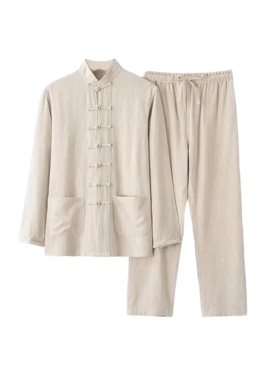 Mens Vintage Cotton Linen Tang Suit Chinese Traditional Mandarin Collar Kung Fu Shirts Lightweight Tai Chi Outfits Clothing
