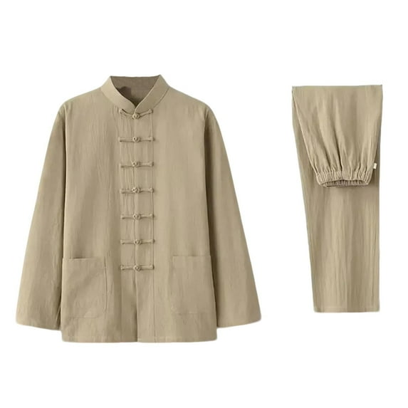 Xzbqbs Mens Vintage Cotton Linen Tang Suit Chinese Traditional Mandarin Collar Kung Fu Shirts Long Sleeve Tai Chi Outfits Clothing