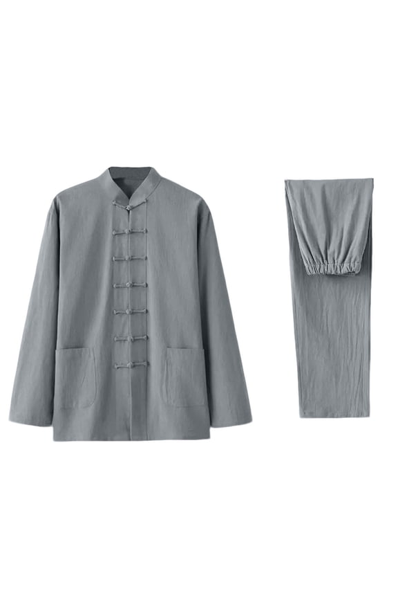 Mens Vintage Cotton Linen Tang Suit Chinese Traditional Mandarin Collar Kung Fu Shirts Long Sleeve Tai Chi Outfits Clothing