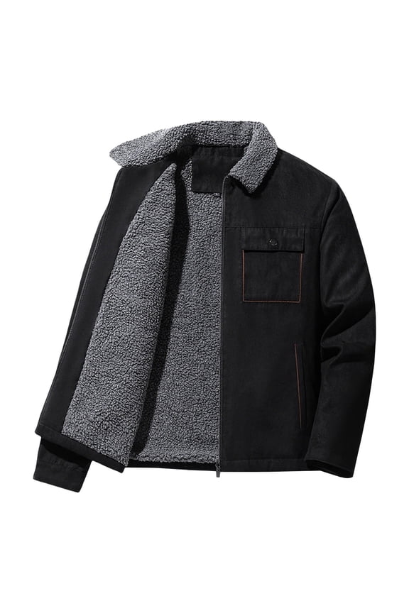 Mens Vintage Suede Jacket Casual Full Zip Lapel Padded Thickened Warm Coat Polo Collared Solid Jacket with Multi Pockets