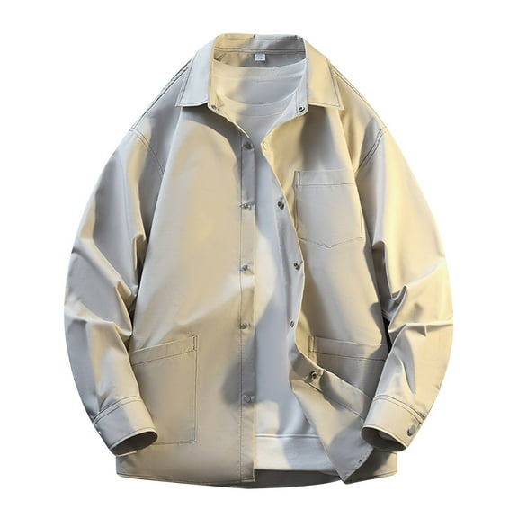 Xzbqbs Mens Work Jacket Button Down Loose Fit Jacket Long Sleeve Lapel Jackets Quilted Shacket Lightweight Jacket with Pockets