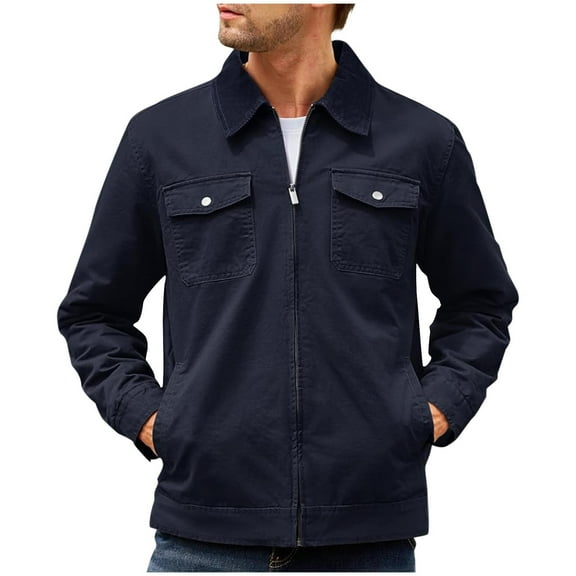Xzbqbs Mens Work Jackets Zip Up Slim Fit Bomber Jacket Lapel Coat Casual Vintage Lightweight Collared Workwear Jacket with Pocket