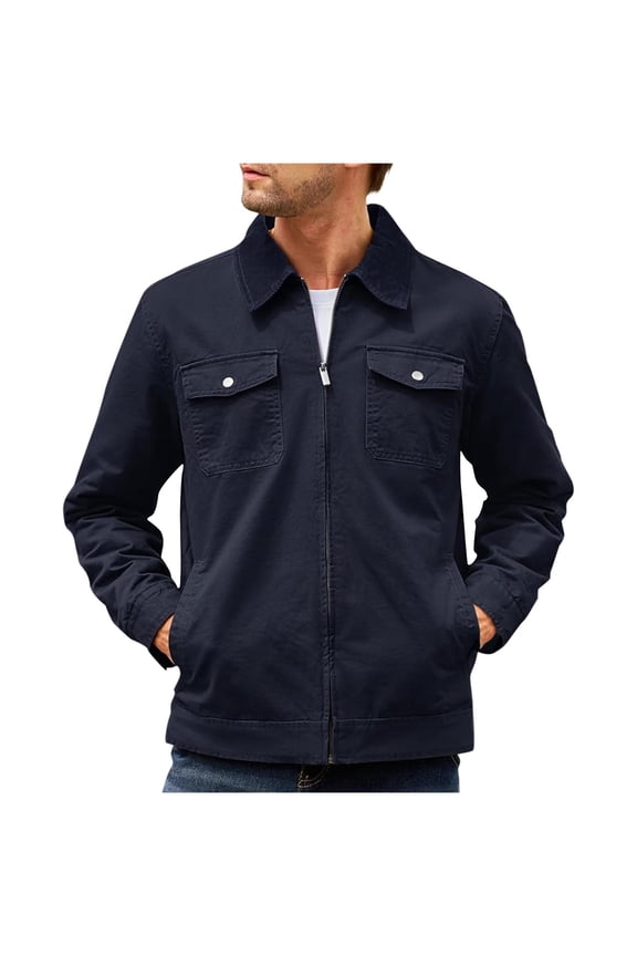 Mens Work Jackets Zip Up Slim Fit Bomber Jacket Lapel Coat Casual Vintage Lightweight Collared Workwear Jacket with Pocket