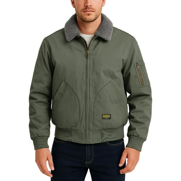 Xzbqbs Motorcycle Jacket Men Zip Up Fleece Lined Warm Workwear Coat Casual Vintage Solid Lightweight Lapel Jacket with Multi Pockets