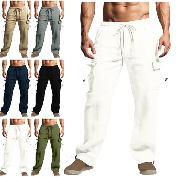 Xzbqbs Pants for Men Cotton Linen Cargo Pants Casual Elastic Waist Drawstring Pants Loose Fit Summer Beach Yoga Travel Work Pants