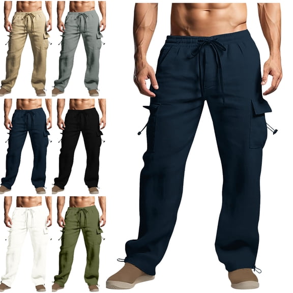 Xzbqbs Pants for Men Cotton Linen Cargo Pants Casual Elastic Waist Drawstring Pants Loose Fit Summer Beach Yoga Travel Work Pants