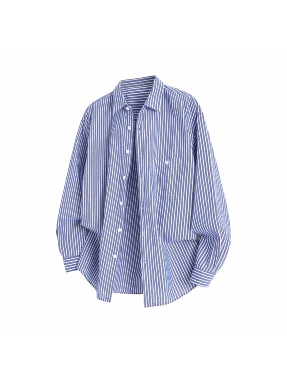 Polo Shirts for Men Button Down Long Sleeve Loose Fit Shirts Shacket Casual Fashion Striped Lightweight Classic Shirts