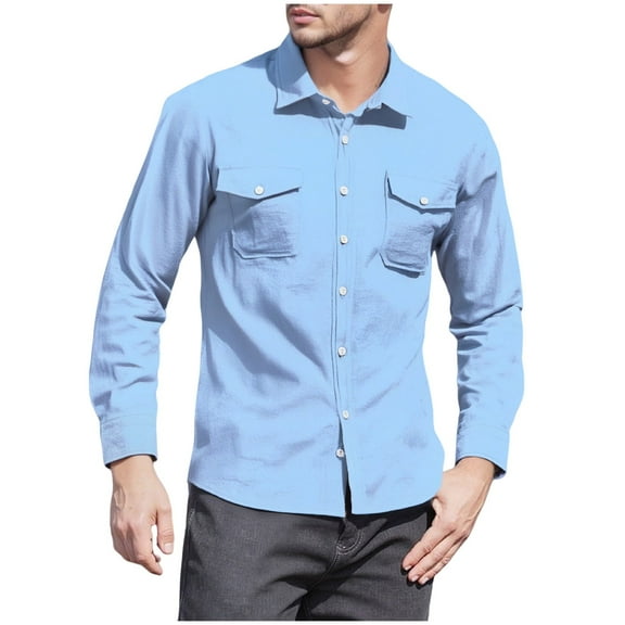 Xzbqbs Polo Shirts for Men Casual Button Up Long Sleeve Work Shirts Casual Fashion Lightweight Untucked Shirts with Flap Pockets
