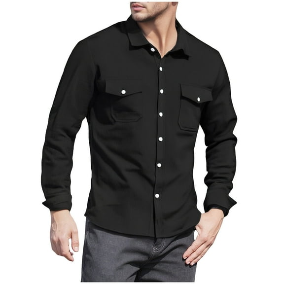 Xzbqbs Polo Shirts for Men Casual Button Up Long Sleeve Work Shirts Casual Fashion Lightweight Untucked Shirts with Flap Pockets